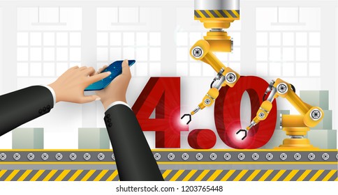 Move to factory and industry in the future. People connecting with a factory using smartphone and exchanging data with a neural network. Smart industry 4.0 infographic. Artificial intelligence.