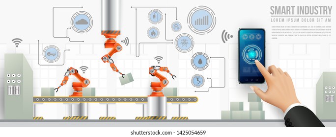 Move to factory and industry in the future. People connecting with a factory using smartphone and exchanging data with a neural network. Smart industry 4.0 infographic. Artificial intelligence.