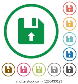 Move up file flat color icons in round outlines on white background