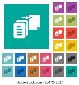 Move file solid multi colored flat icons on plain square backgrounds. Included white and darker icon variations for hover or active effects.