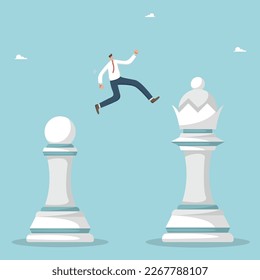 To move forward according to a plan or career ladder, to achieve planned heights, to succeed in a business strategy, to outperform competitors, a person jumps from a pawn into a chess queen.