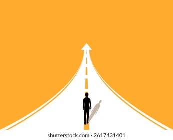 Move forward, man walking on the road arrow growth