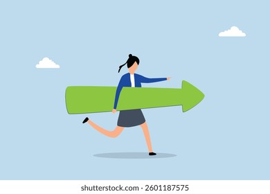 Move forward for success future, entrepreneur sprinting in the direction of arrow. 