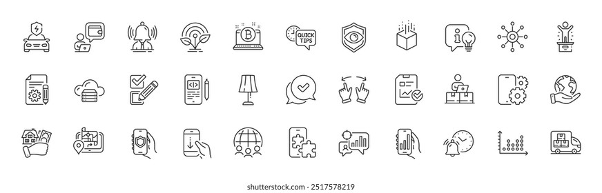 Gesto de movimiento, comprando la casa y los iconos de la línea de negocio global. Paquete de App de análisis, consejos rápidos, icono de realidad aumentada. Aprobado, Reloj despertador, Pictograma de punto. Rompecabezas de teléfono, código de teléfono. Vector