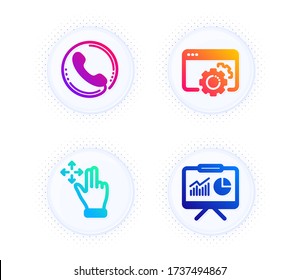 Move gesture, Call center and Seo gear icons simple set. Button with halftone dots. Presentation sign. Swipe, Phone support, Settings. Board with charts. Technology set. Vector