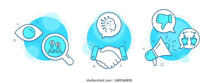 Move gesture, Dislike hand and Artificial intelligence line icons set. Handshake deal, research and promotion complex icons. Ab testing sign. Swipe, Thumbs down, Mind intellect. Test chart. Vector