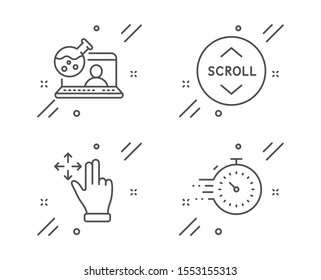 Move gesture, Online chemistry and Scroll down line icons set. Timer sign. Swipe, Lab flask, Swipe arrow. Deadline management. Technology set. Line move gesture outline icon. Vector
