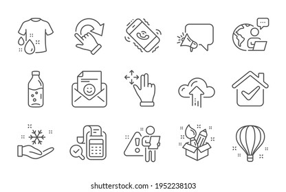 Move gesture, Wash t-shirt and Cloud upload line icons set. Water bottle, Air balloon and Megaphone signs. Freezing, Rotation gesture and Creativity symbols. Line icons set. Vector