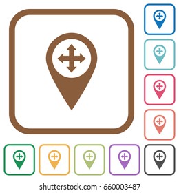 Move GPS map location simple icons in color rounded square frames on white background