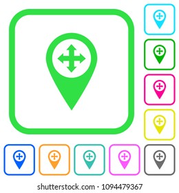 Move GPS map location vivid colored flat icons in curved borders on white background