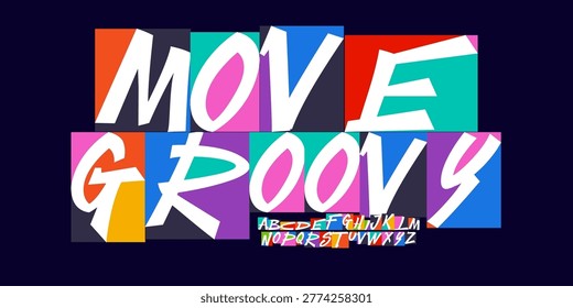 Move Groovy Font Fun Kid Logo Bouncy Alphabet Art Letter Set Modern Typography, Joyful Creative Typographic Design for Playful Title, Vibrant Dynamic Headline, Kinder Dance Logotype. Vector Typeface
