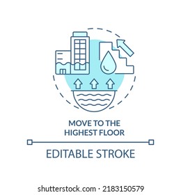 Move to highest floor turquoise concept icon. Flood precautionary measure abstract idea thin line illustration. Isolated outline drawing. Editable stroke. Arial, Myriad Pro-Bold fonts used