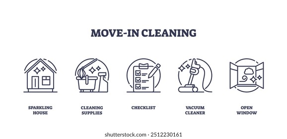 Move in home cleaning after new house purchase outline icons collection set. Labeled shiny and clean property, hygiene supplies, vacuum cleaner and checklist for efficiency vector illustration.