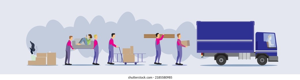 Move home, relocation concept. Workers of moving service load furniture into truck. Vector illustration
