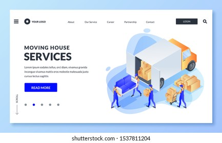 Move home, relocation or delivery concept. Workers of moving service load furniture and cardboard boxes into truck. Vector 3d isometric illustration for web landing page, banner, poster design.