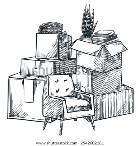 Move home, relocation or delivery concept. Cardboard boxes with things, isolated on white background. Vector hand drawn sketch illustration for moving service