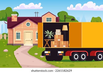 Move house delivery truck van home furniture concept. Vector graphic design illustration
