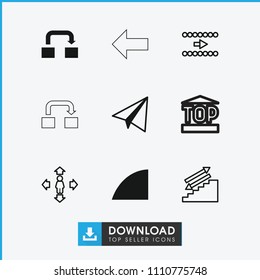 Move icon. collection of 9 move filled and outline icons such as paper airplane, angle, stairs, arrow, top of cargo box. editable move icons for web and mobile.