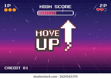 MOVE UP icon pixel art. 8 bit game. retro game. Retro Futurism Sci-Fi Background. glowing neon grid. and stars from vintage arcade computer games