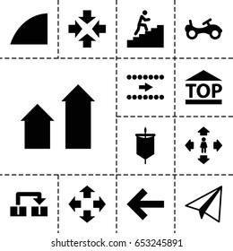 Move icon. set of 13 filled moveicons such as arrow up, bike, paper airplane, man move, top of cargo box, angle, man climbing stairs, sail, arrow