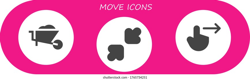 move icon set. 3 filled move icons.  Simple modern icons such as: Wheelbarrow, Resize, Swipe right