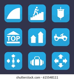 Move icon. set of 9 filled move icons such as arrow up, bike, top of cargo box, angle, sport bag, man climbing stairs