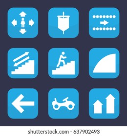 Move icon. set of 9 filled move icons such as arrow up, bike, man move, angle, man climbing stairs, sail, arrow, back