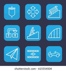 Move icon. set of 9 outline move icons such as bike, paper airplane, angle, man climbing stairs, sail, arrow