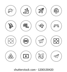 Move icon set. collection of 16 outline move icons with artillery, finger control, escalator down, move, paper plane, previous, rearview mirror, sent, step icons.