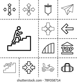 Move icons. set of 13 editable outline move icons such as top of cargo box, back, angle, sport bag, man climbing stairs, sail, bike, paper airplane