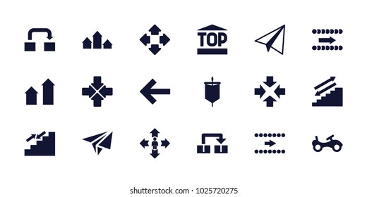 Move icons. set of 18 editable filled move icons: arrow up, bike, paper airplane, stairs, arrow, back, sail
