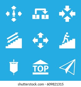 Move icons set. set of 9 move filled icons such as paper airplane, top of cargo box, man climbing stairs, sail