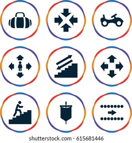 Move icons set. set of 9 move filled icons such as bike, sport bag, man climbing stairs, sail, arrow
