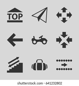 Move icons set. set of 9 move filled icons such as bike, paper airplane, top of cargo box, sport bag, arrow, move, back
