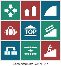 Move icons set. set of 9 move filled icons such as arrow up, top of cargo box, angle, sport bag, man climbing stairs, arrow