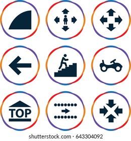Move icons set. set of 9 move filled icons such as bike, top of cargo box, angle, man climbing stairs, arrow