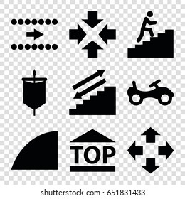 Move icons set. set of 9 move filled icons such as bike, top of cargo box, angle, man climbing stairs, sail, arrow, move