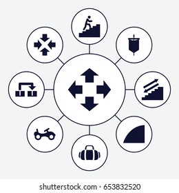 Move icons set. set of 9 move filled icons such as bike, angle, sport bag, man climbing stairs, sail
