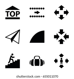 Move icons set. set of 9 move filled icons such as paper airplane, top of cargo box, angle, sport bag, man climbing stairs