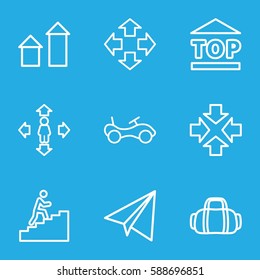 move icons set. Set of 9 move outline icons such as arrow up, bike, paper airplane, top of cargo box, man climbing stairs