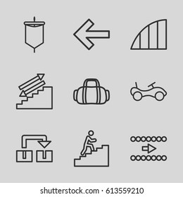 Move icons set. set of 9 move outline icons such as bike, angle, man climbing stairs, sail, sport bag, arrow, back, stairs