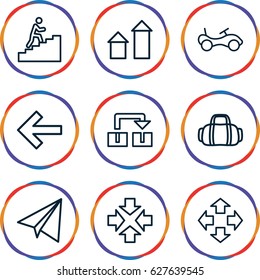Move icons set. set of 9 move outline icons such as arrow up, bike, paper airplane, man climbing stairs, sport bag