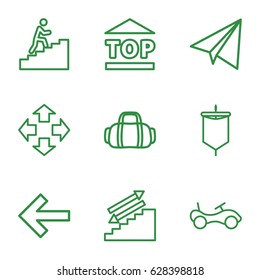 Move icons set. set of 9 move outline icons such as bike, paper airplane, top of cargo box, man climbing stairs, sail, sport bag, move, back