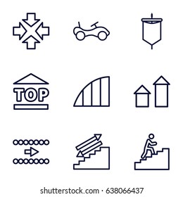 Move icons set. set of 9 move outline icons such as arrow up, bike, top of cargo box, angle, man climbing stairs, sail, move, arrow