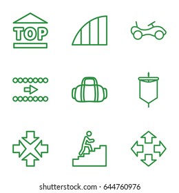 Move icons set. set of 9 move outline icons such as bike, top of cargo box, angle, man climbing stairs, sail, sport bag, move