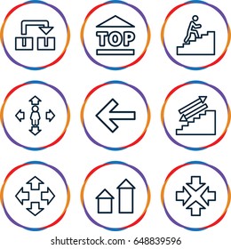 Move icons set. set of 9 move outline icons such as arrow up, top of cargo box, man climbing stairs, back