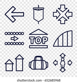 Move icons set. set of 9 move outline icons such as arrow up, top of cargo box, angle, sail, sport bag, arrow
