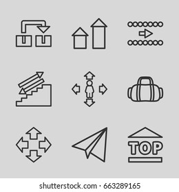 Move icons set. set of 9 move outline icons such as arrow up, paper airplane, top of cargo box, sport bag, arrow