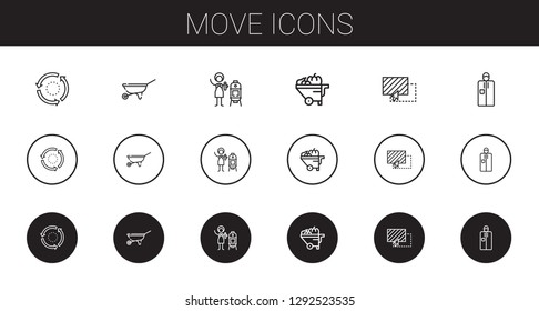 move icons set. Collection of move with repeat, wheelbarrow, vertical, drag, portable. Editable and scalable move icons.
