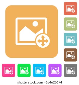 Move image flat icons on rounded square vivid color backgrounds.